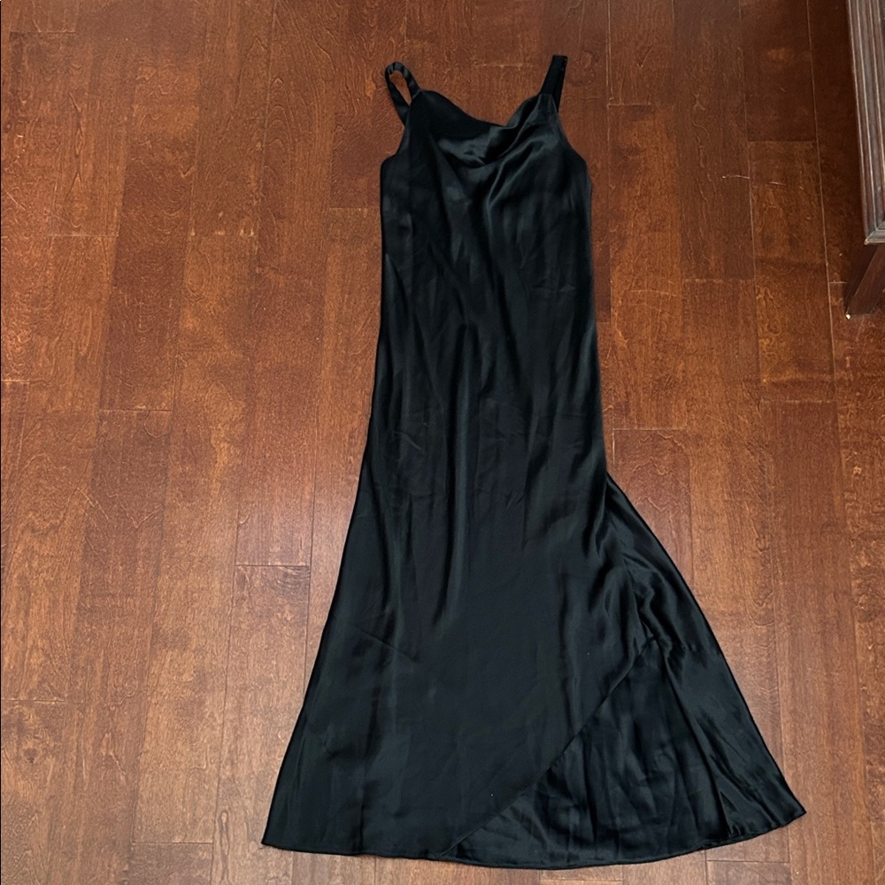 Vintage 90s JS Collections Black Satin Maxi Slip Dress w/ Cowl Neckline, Size 6